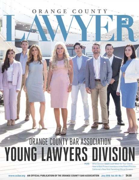 Cover of the July 2018 issue of Orange County Lawyer Magazine featuring group photo of featured story which includes Michelle Miu Epstein